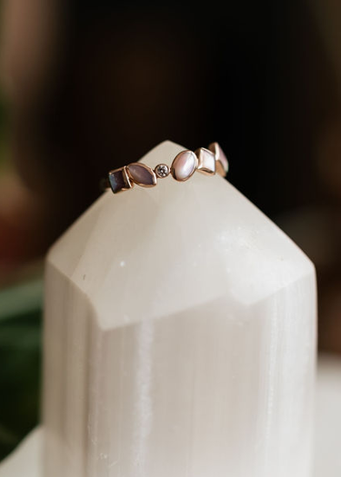 Pink opals + Diamond in 14k gold Ring