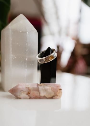 Tiger's Eye, Onyx, Mother of Pearl + White & Purple mosaic stone in Sterling Silver Inlay Ring