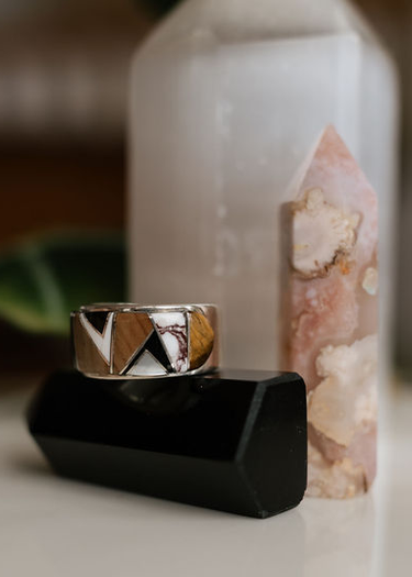Tigers Eye + White Buffalo + Onyx Inlay Sterling Silver Ring