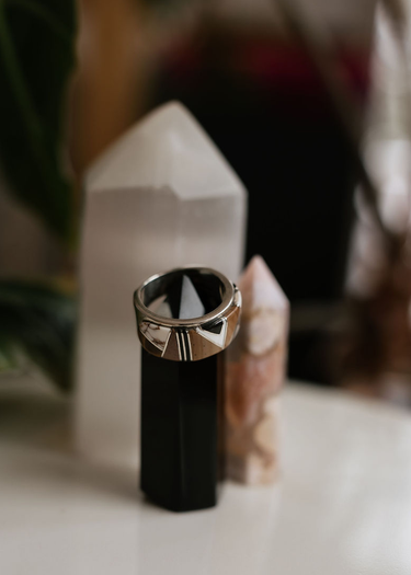 Tigers Eye + White Buffalo + Onyx Inlay Sterling Silver Ring